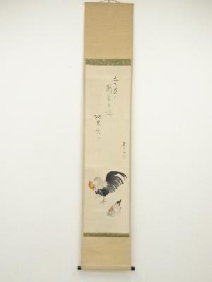 井口東白子筆　俳句　鶏図画賛　肉筆紙本掛軸（共箱）